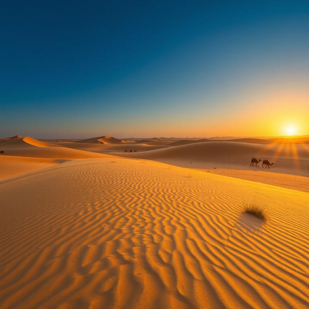 Sunrise casting golden light on the sand dunes of Merzouga Desert